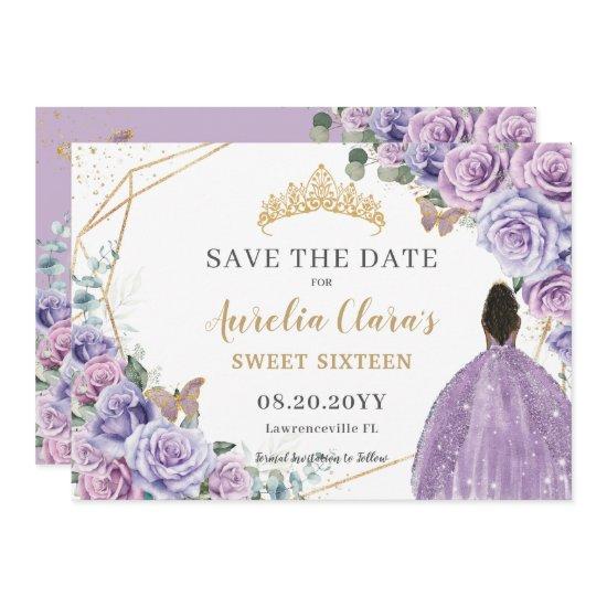 Purple Lilac Floral Gold Quinceanera Sweet Sixteen Save The Date