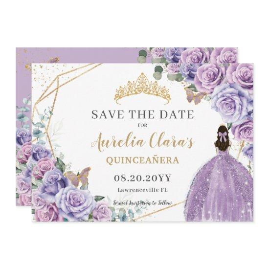 Purple Lilac Floral Gold Quinceanera Sweet Sixteen Save The Date