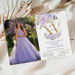 Purple Lilac Floral Gold XV Quinceañera 15 Photo