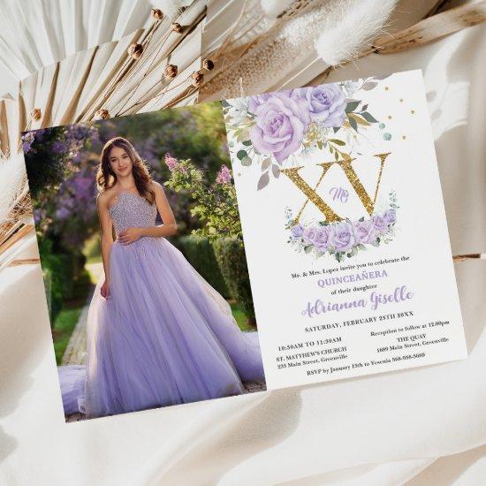 Purple Lilac Floral Gold XV Quinceañera 15 Photo