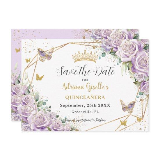 Purple Lilac Floral Princess Gold Quinceañera Save The Date
