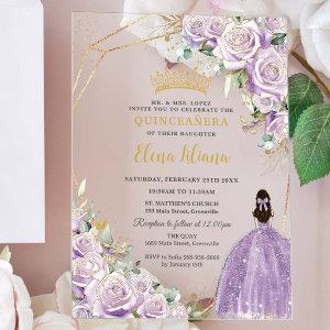 Purple Lilac Floral Princess Gold Quinceañera XV Acrylic