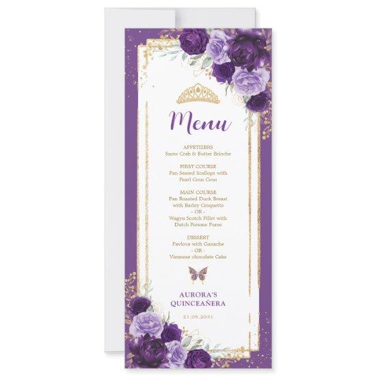 Purple Lilac Floral Quinceanera Birthday Menu Card