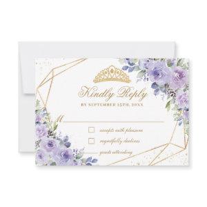 Purple Lilac Floral Quinceañera Gold Crown Tiara RSVP Card