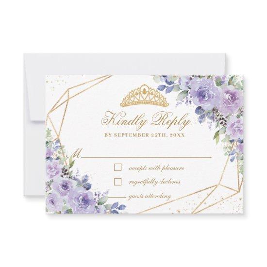 Purple Lilac Floral Quinceañera Gold Crown Tiara RSVP Card