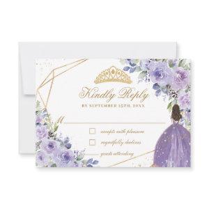 Purple Lilac Floral Quinceañera Princess Crown RSVP Card