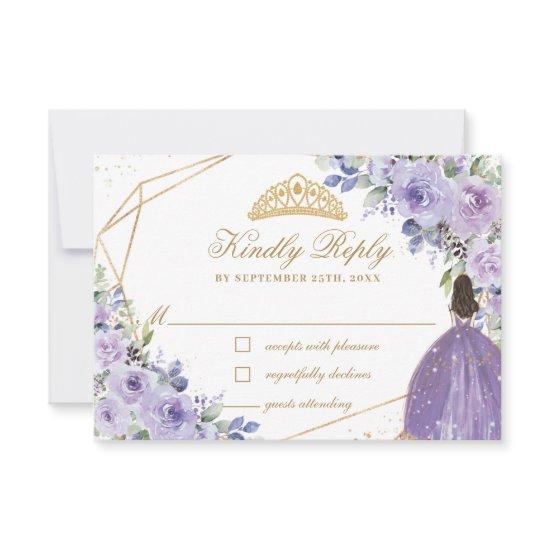 Purple Lilac Floral Quinceañera Princess Crown RSVP Card
