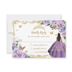 Purple Lilac Floral Quinceañera Princess Gold RSVP Card