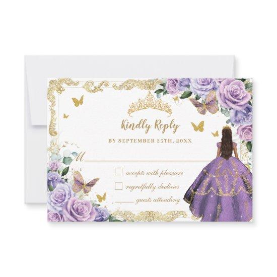 Purple Lilac Floral Quinceañera Princess Gold RSVP Card