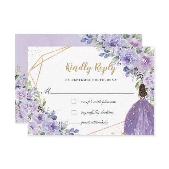 Purple Lilac Floral Quinceañera Princess Reply RSVP Card