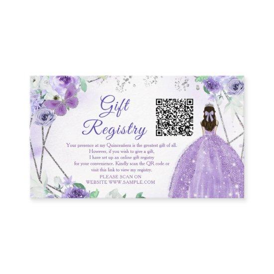 Purple Lilac Floral Quinceañera QR Gift Registry Enclosure Card