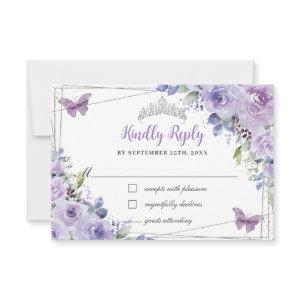 Purple Lilac Floral Quinceañera Silver Butterflies RSVP Card