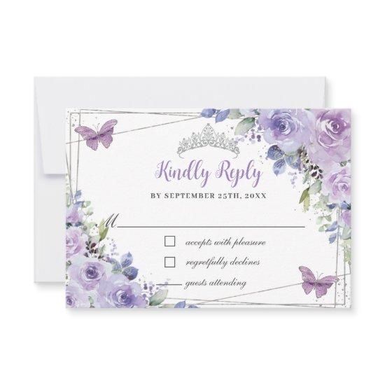 Purple Lilac Floral Quinceañera Silver Butterflies RSVP Card