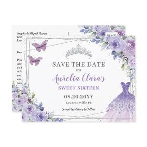 Purple Lilac Floral Quinceanera Sweet Sixteen Save Announcement Postcard