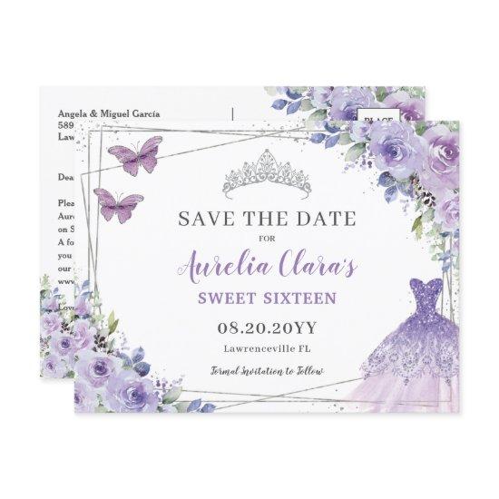 Purple Lilac Floral Quinceanera Sweet Sixteen Save Announcement Postcard
