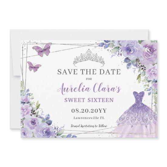 Purple Lilac Floral Quinceanera Sweet Sixteen Save The Date