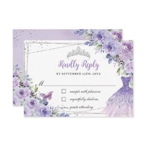 Purple Lilac Floral Silver Quinceañera Dress Gown RSVP Card