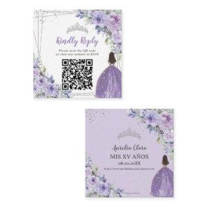 Purple Lilac Floral Silver Quinceañera QR Code Enclosure Card