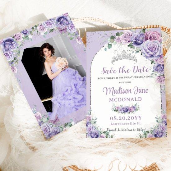 Purple Lilac Floral Sweet 16 Silver Birthday Photo Save The Date