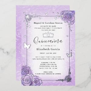 Purple Lilac Lavender Floral Quinceañera Silver Foil