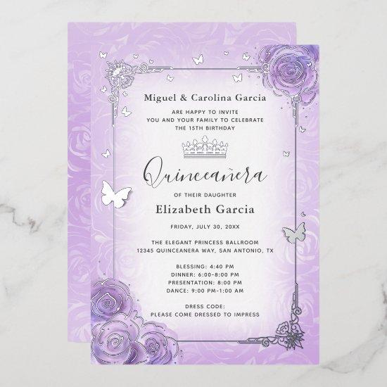 Purple Lilac Lavender Floral Quinceañera Silver Foil