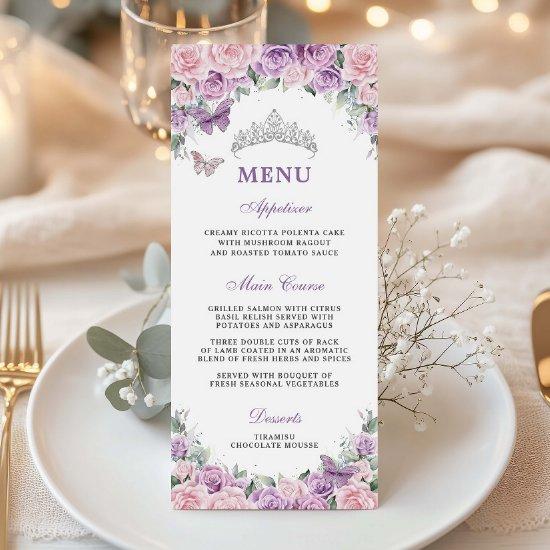 Purple Lilac Pale Pink Floral Quinceañera XV Menu