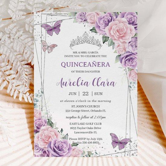 Purple Lilac Pink Floral Butterflies Quinceañera