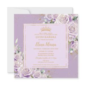 Purple Lilac Rose Floral Quinceanera Sweet 16 Gold