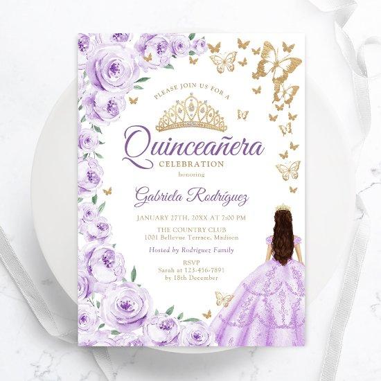 Purple Lilac Watercolor Floral Gold Quinceanera