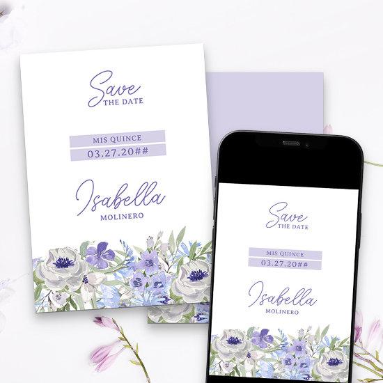 Purple Peri Girly Floral Mis Quince Save The Date