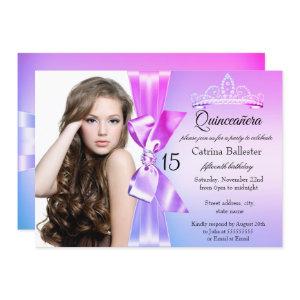 Purple Pink Diamond Bow Tiara Quinceanera Invite