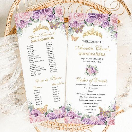 Purple Pink Floral Quinceañera Order of Events Program