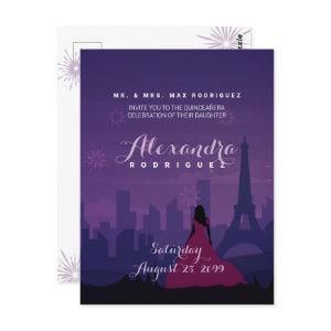Purple Pink Paris Fireworks Quinceañera Postcard