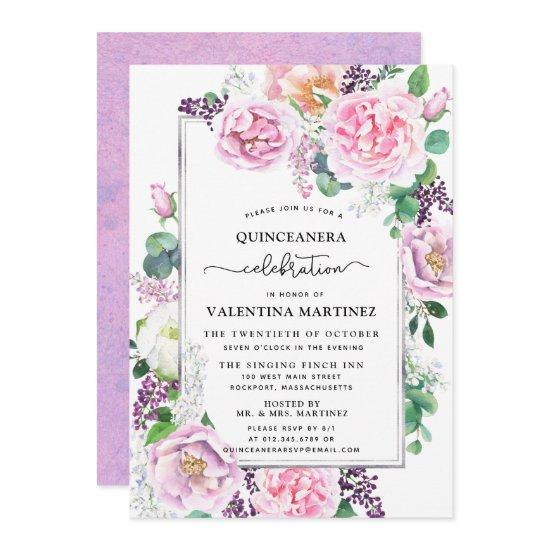 Purple Pink Peony Rose Floral Quinceanera