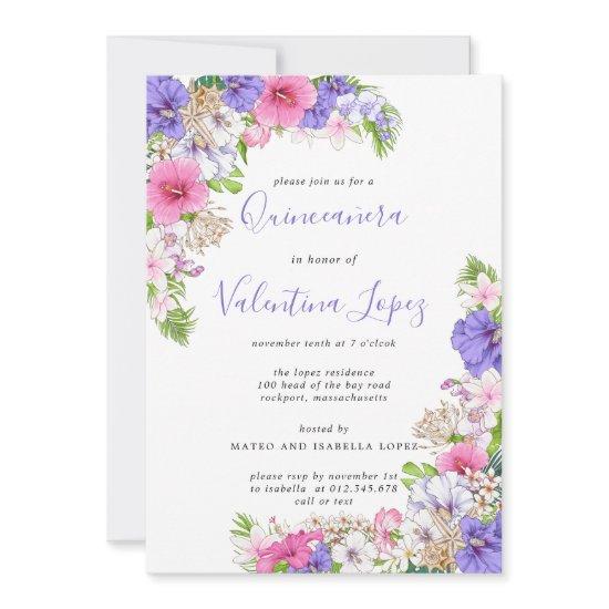 Purple Pink Pretty Tropical Quinceanera  Invitatio