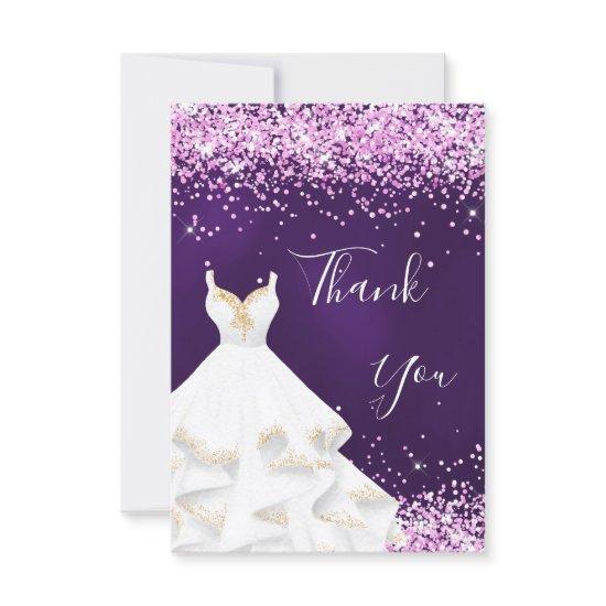 Purple pink white dress glitter glamorous thank you card