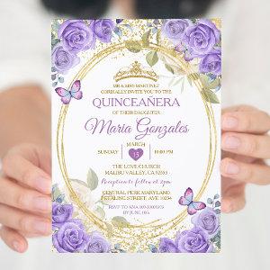 Purple Quinceañera Gold Crown Glitter Butterfly