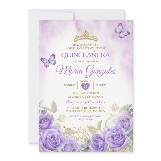 Purple Quinceañera Gold Crown Mexican Butterfly