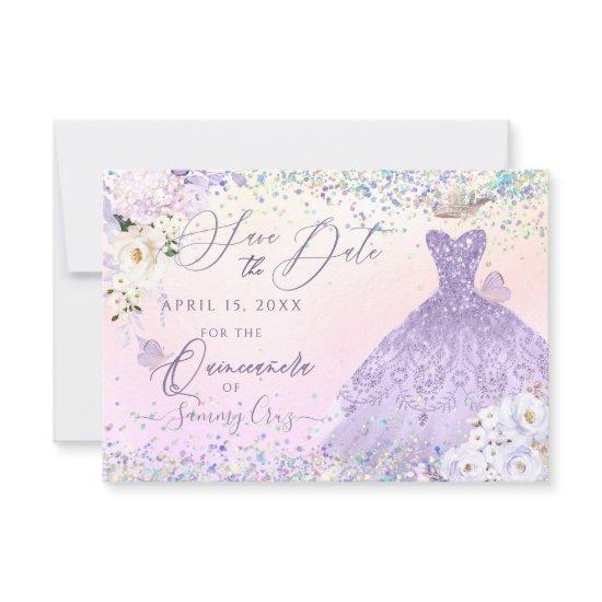 Purple Quinceanera Save Date Holographic Confetti