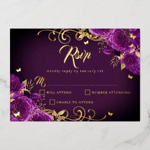 Purple Rose Floral Gold Swirl Gold Quinceanera  Foil