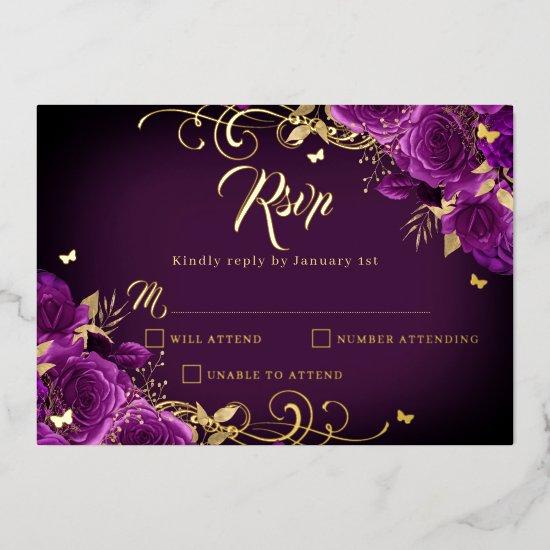 Purple Rose Floral Gold Swirl Gold Quinceanera  Foil