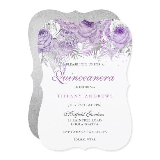 Purple Rose Silver Wonderland Quinceanera Invite
