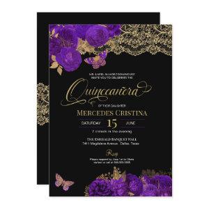 Purple Roses and Lace Butterfly Quinceañera Invita