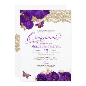 Purple Roses and Lace Butterfly Quinceañera Invita