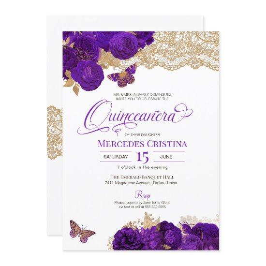 Purple Roses and Lace Butterfly Quinceañera Invita