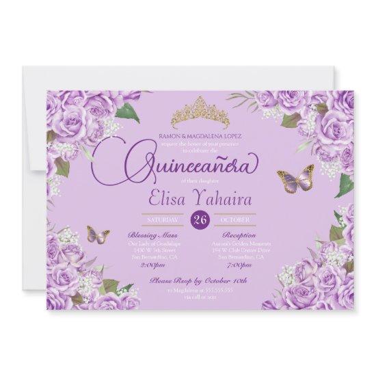 Purple Roses Floral Tiara Butterfly Quinceanera