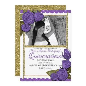 Purple Roses Gold Glitter Quinceañera Birthday