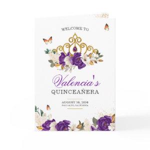 Purple Roses Gold Tiara Butterfly Quinceanera Program