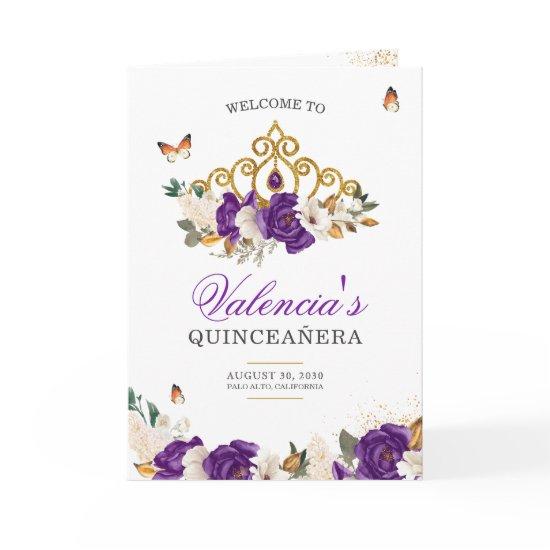 Purple Roses Gold Tiara Butterfly Quinceanera Program