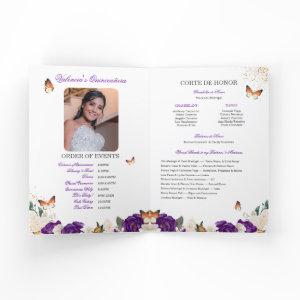 Purple Roses Gold Tiara Butterfly Quinceanera Program